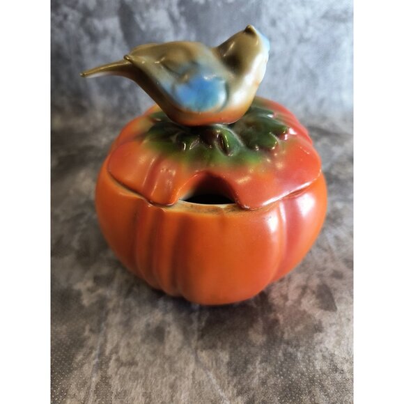 Vintage German Ceramic Pumpkin With Bluebird Lid Decorative Jam Jar - Picture 4 of 4